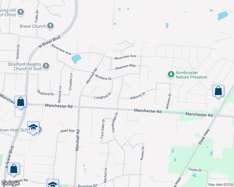 map of restaurants, bars, coffee shops, grocery stores, and more near 1600 Cambridge Drive in Middletown
