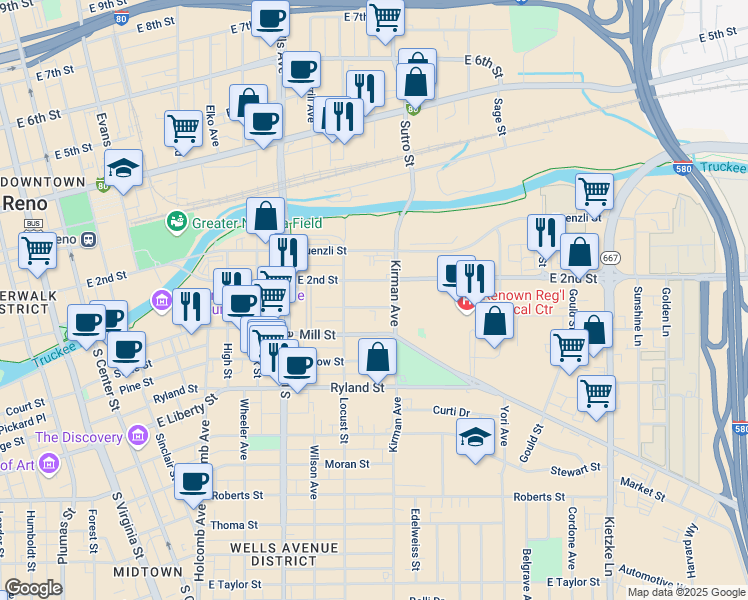 map of restaurants, bars, coffee shops, grocery stores, and more near 863 Aitken Street in Reno