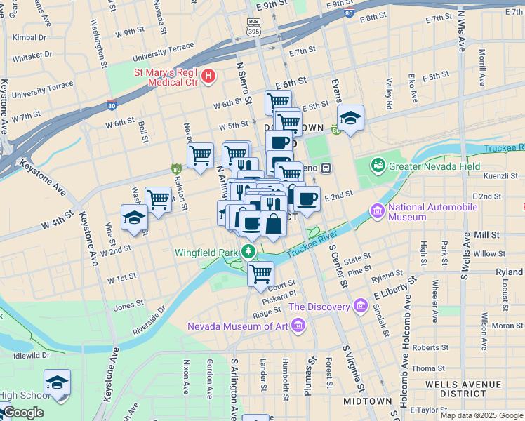 map of restaurants, bars, coffee shops, grocery stores, and more near 130 West 2nd Street in Reno