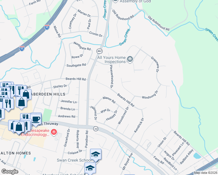 map of restaurants, bars, coffee shops, grocery stores, and more near Beards Hill Road in Aberdeen