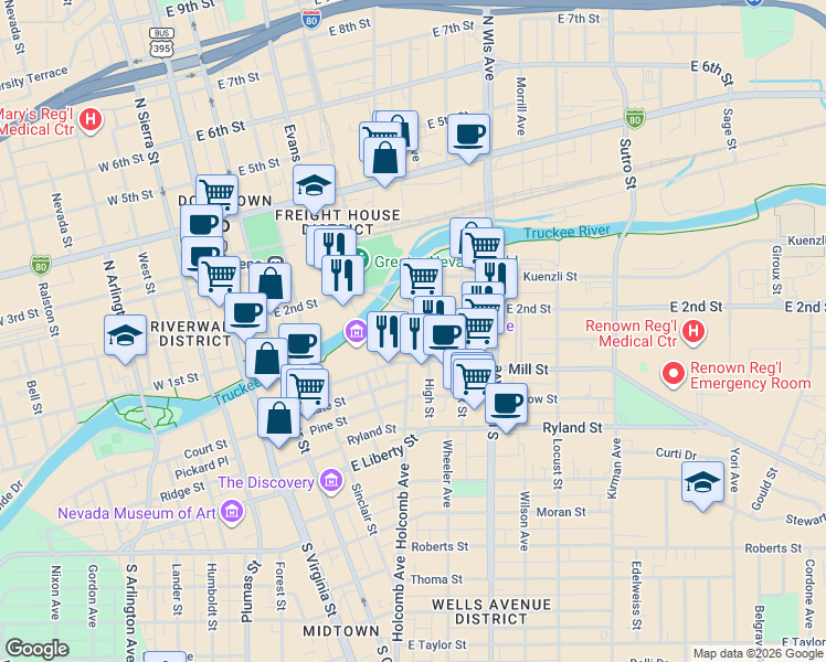map of restaurants, bars, coffee shops, grocery stores, and more near 61 High Street in Reno