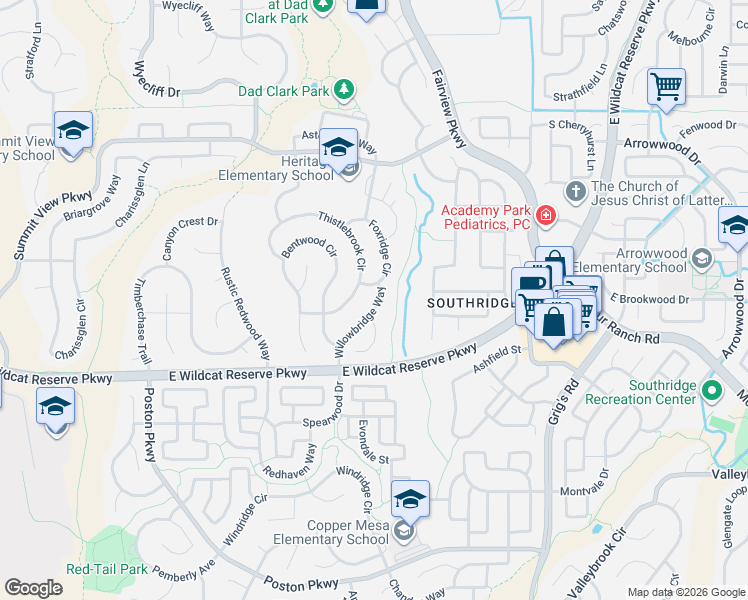 map of restaurants, bars, coffee shops, grocery stores, and more near 10243 Willowbridge Way in Littleton