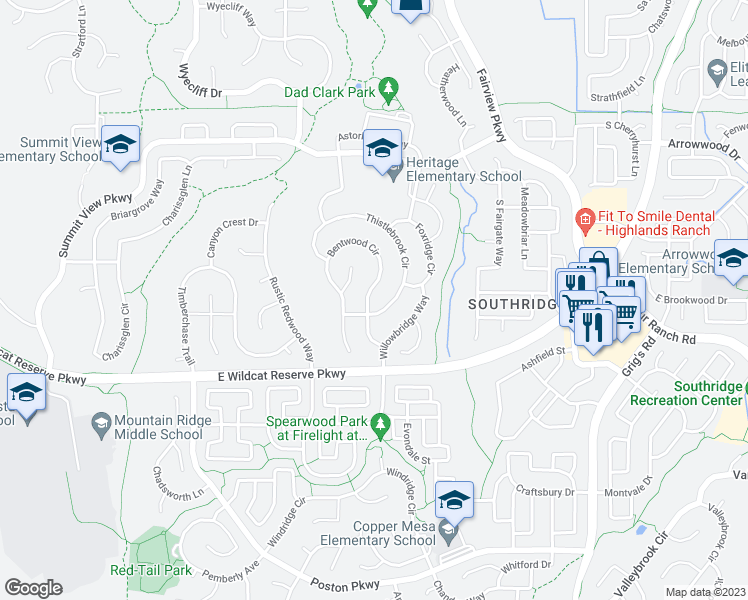 map of restaurants, bars, coffee shops, grocery stores, and more near 10167 Bentwood Circle in Littleton