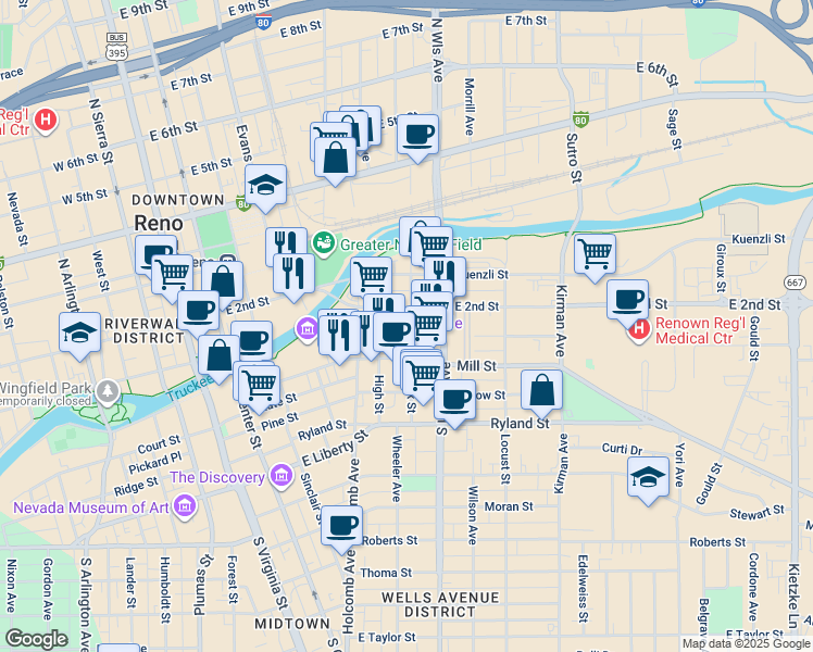 map of restaurants, bars, coffee shops, grocery stores, and more near 527 Mill Street in Reno