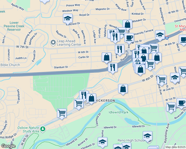 map of restaurants, bars, coffee shops, grocery stores, and more near 500 Stoker Avenue in Reno