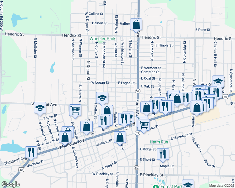 map of restaurants, bars, coffee shops, grocery stores, and more near 515 N Walnut St in Brazil