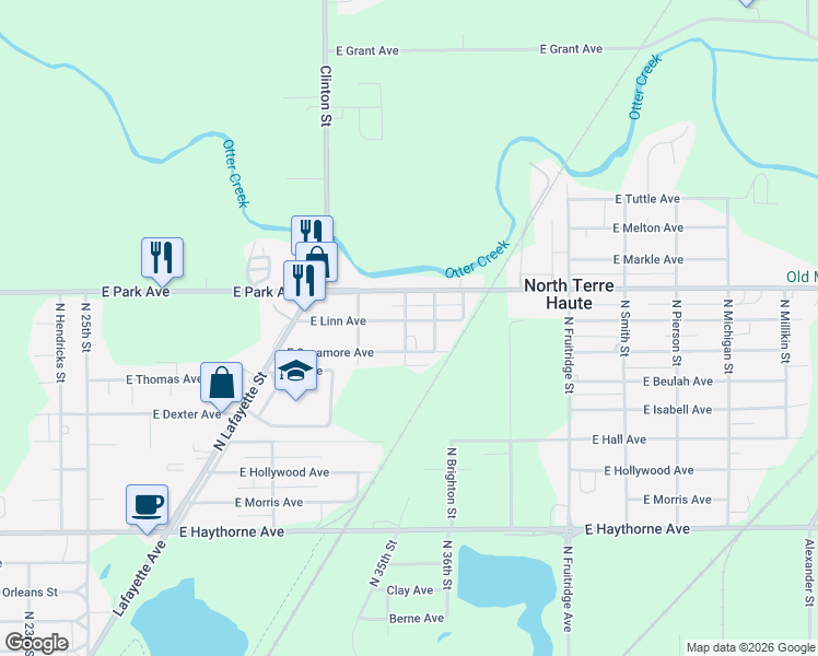map of restaurants, bars, coffee shops, grocery stores, and more near 4901-4999 North Roosevelt Street in North Terre Haute