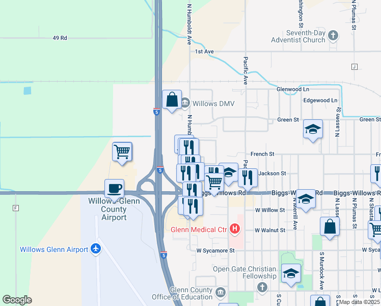 map of restaurants, bars, coffee shops, grocery stores, and more near 600 Humboldt Avenue in Willows