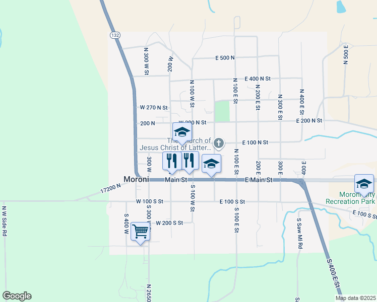 map of restaurants, bars, coffee shops, grocery stores, and more near 83 North 100 West in Moroni