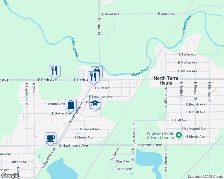 map of restaurants, bars, coffee shops, grocery stores, and more near 3211 East Linn Avenue in Terre Haute