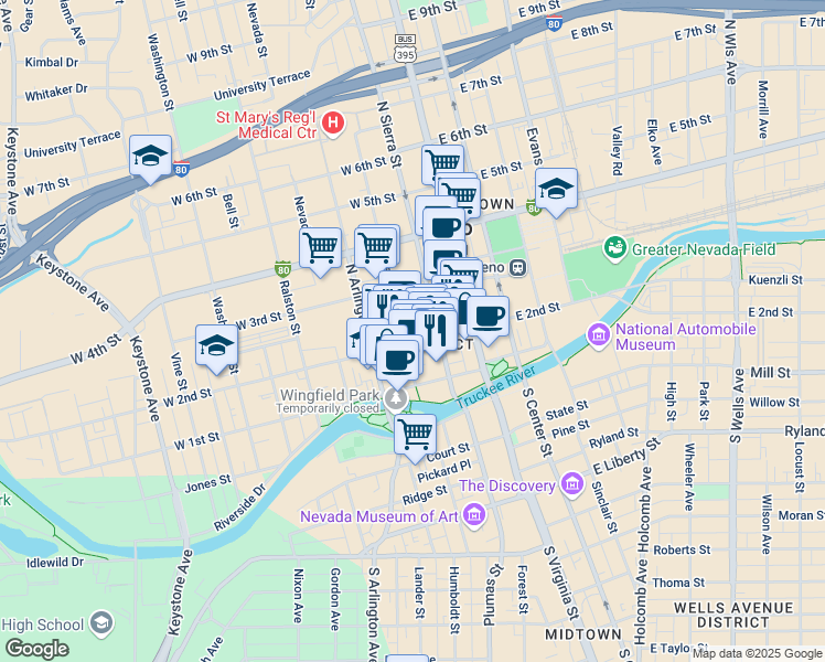 map of restaurants, bars, coffee shops, grocery stores, and more near 214 West Street in Reno