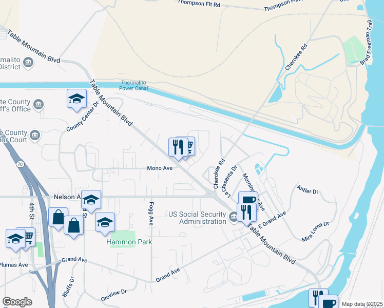 map of restaurants, bars, coffee shops, grocery stores, and more near 60 Flying Cloud Drive in Oroville