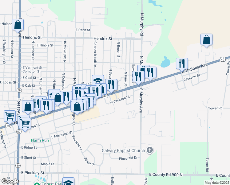 map of restaurants, bars, coffee shops, grocery stores, and more near 1200 East National Avenue in Brazil