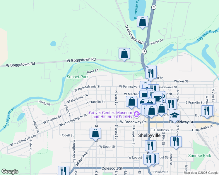 map of restaurants, bars, coffee shops, grocery stores, and more near 213 North West Street in Shelbyville