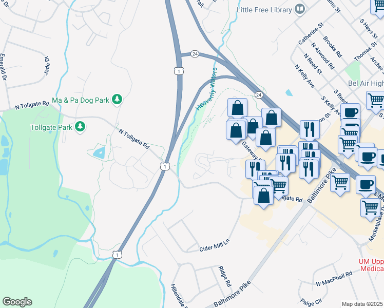 map of restaurants, bars, coffee shops, grocery stores, and more near 304 Canterbury Road in Bel Air