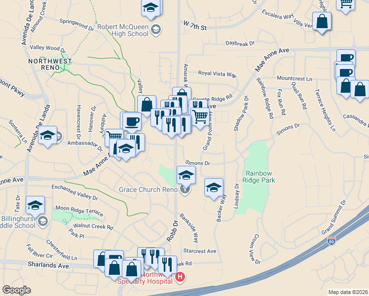 map of restaurants, bars, coffee shops, grocery stores, and more near 5920 Blue Horizon Court in Reno