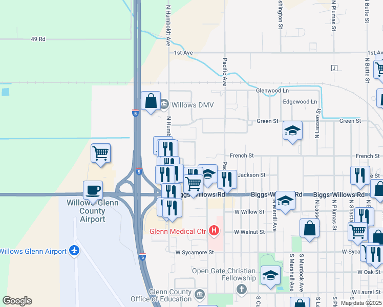 map of restaurants, bars, coffee shops, grocery stores, and more near 545/545 Pacific Avenue in Willows