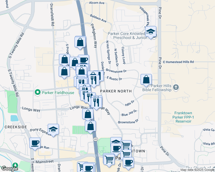 map of restaurants, bars, coffee shops, grocery stores, and more near 11286 Donley Drive in Parker