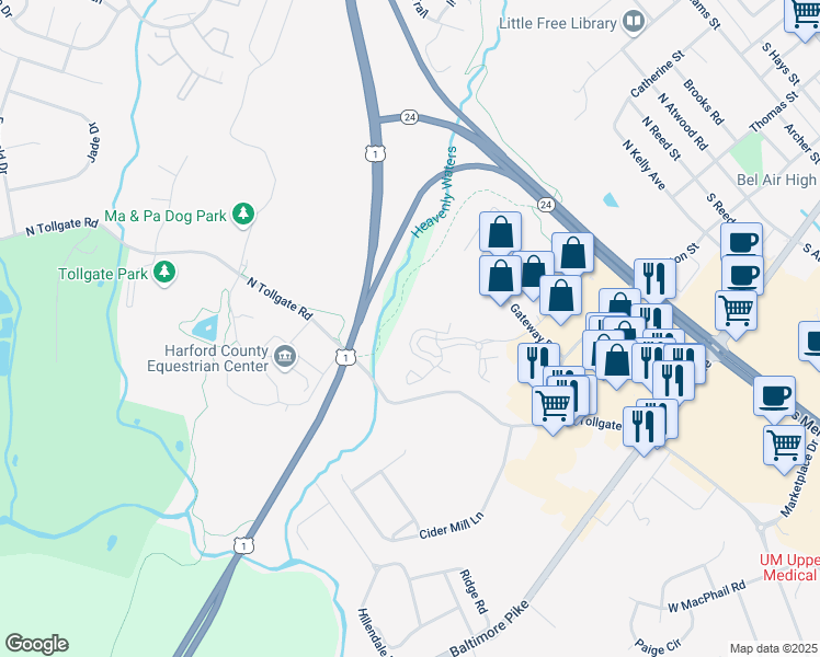 map of restaurants, bars, coffee shops, grocery stores, and more near 302 Canterbury Road in Bel Air