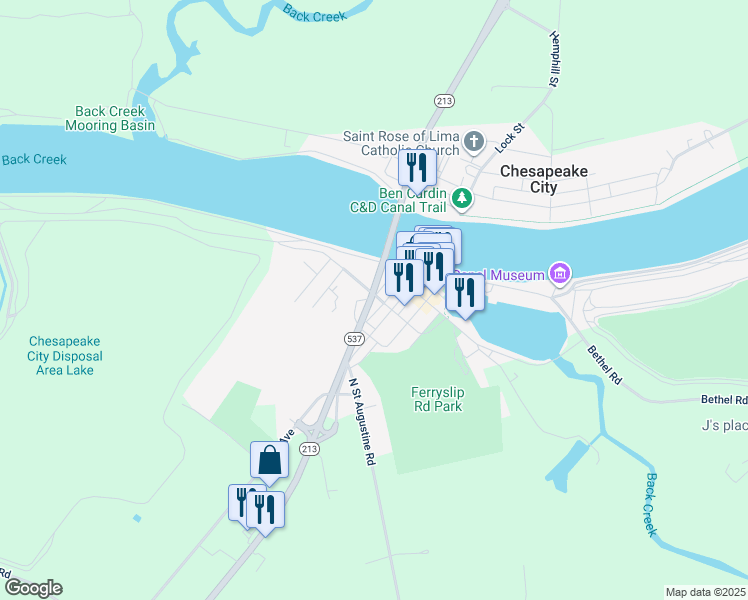 map of restaurants, bars, coffee shops, grocery stores, and more near 300 3rd Street in Chesapeake City