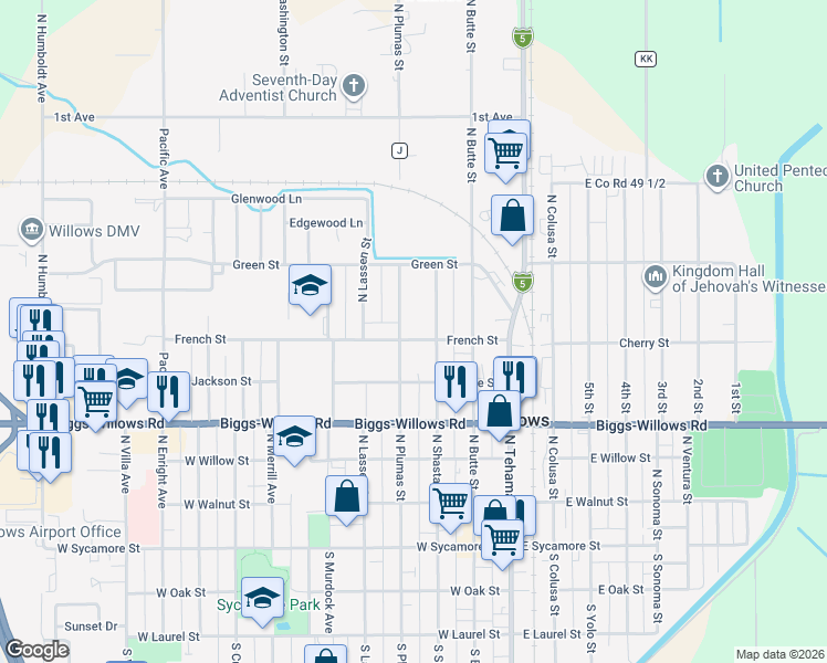 map of restaurants, bars, coffee shops, grocery stores, and more near 355 French Street in Willows