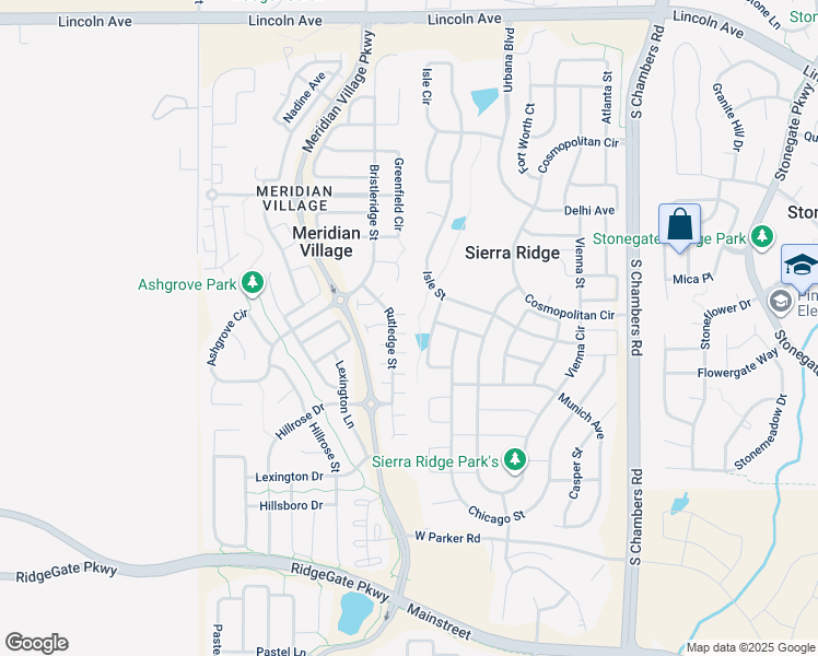 map of restaurants, bars, coffee shops, grocery stores, and more near 10448 Rutledge Street in Parker