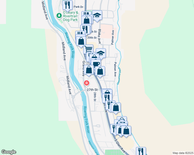 map of restaurants, bars, coffee shops, grocery stores, and more near 2562 South Grand Avenue in Glenwood Springs