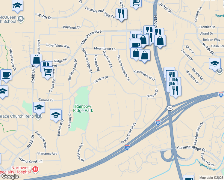 map of restaurants, bars, coffee shops, grocery stores, and more near 5335 Butterfly Court in Reno