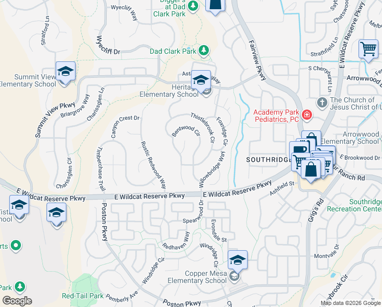 map of restaurants, bars, coffee shops, grocery stores, and more near 10170 Bentwood Circle in Littleton