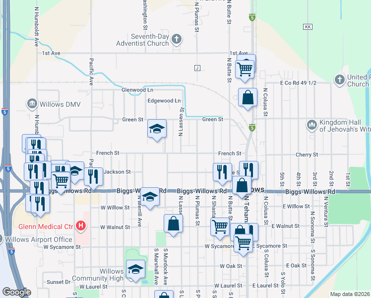 map of restaurants, bars, coffee shops, grocery stores, and more near 428 French Street in Willows