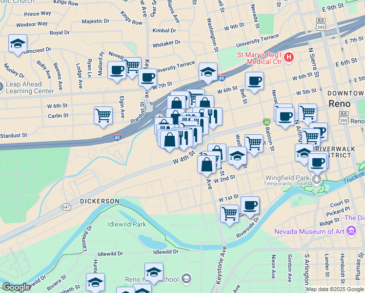 map of restaurants, bars, coffee shops, grocery stores, and more near 1075 West 4th Street in Reno