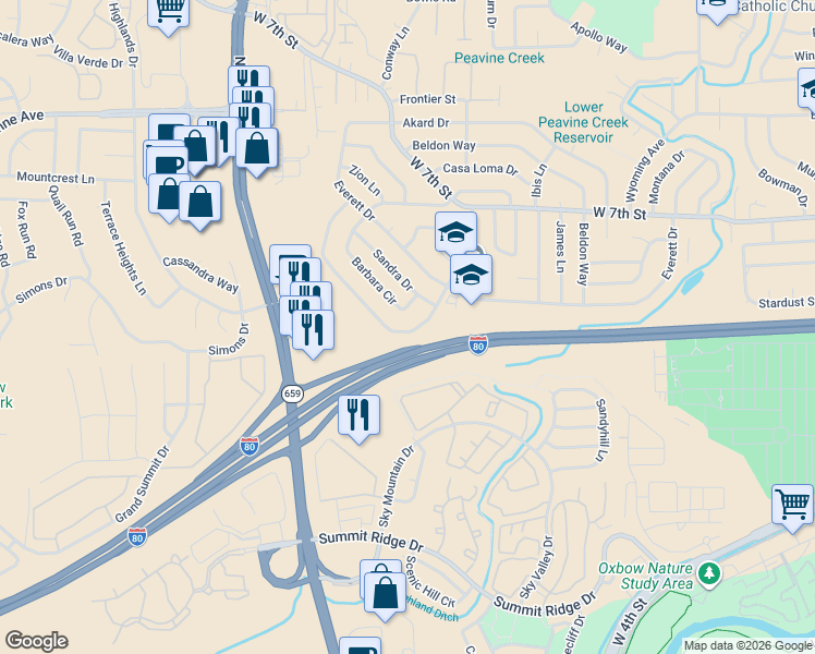 map of restaurants, bars, coffee shops, grocery stores, and more near 3202 Heights Drive in Reno