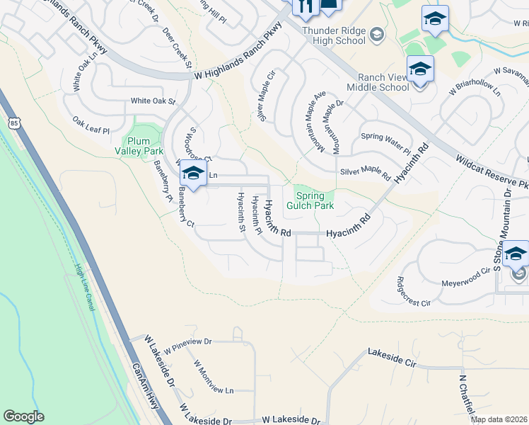 map of restaurants, bars, coffee shops, grocery stores, and more near 10506 Hyacinth Place in Littleton