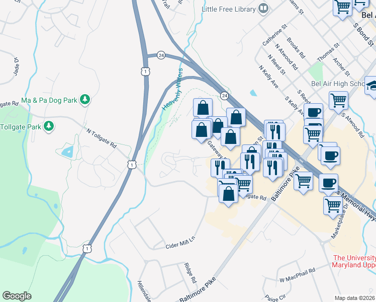 map of restaurants, bars, coffee shops, grocery stores, and more near 204 Chaucer Lane in Bel Air