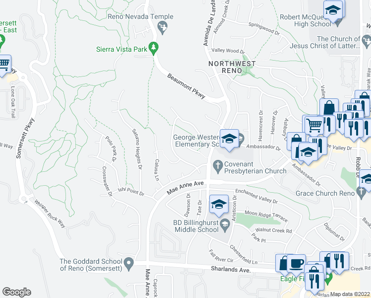 map of restaurants, bars, coffee shops, grocery stores, and more near 6768 Alicante Court in Reno