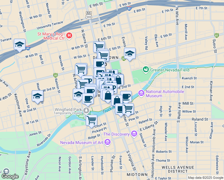 map of restaurants, bars, coffee shops, grocery stores, and more near Lincoln Alley in Reno