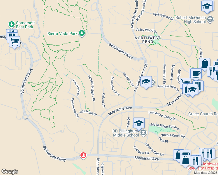 map of restaurants, bars, coffee shops, grocery stores, and more near 1522 Calusa Lane in Reno