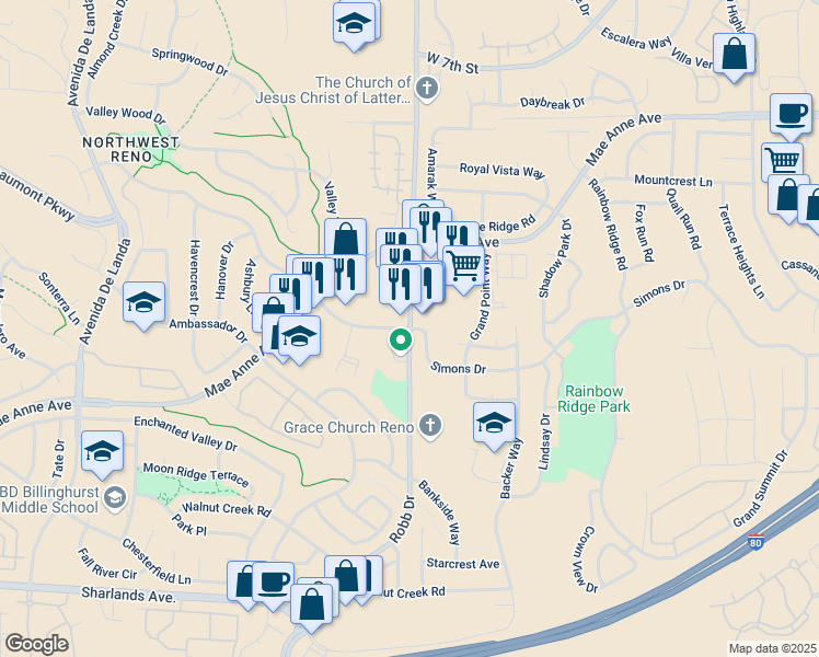 map of restaurants, bars, coffee shops, grocery stores, and more near 5920 Blue Horizon Court in Reno