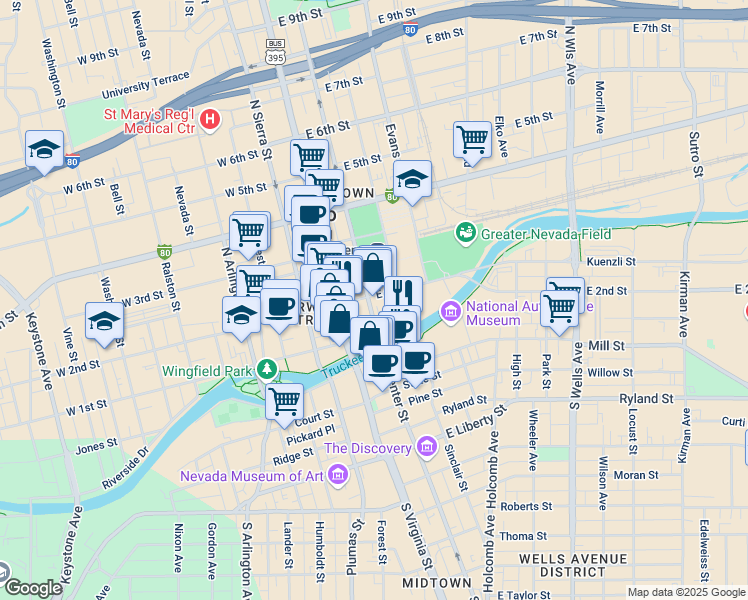 map of restaurants, bars, coffee shops, grocery stores, and more near 195 East 1st Street in Reno