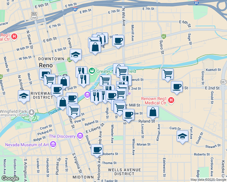 map of restaurants, bars, coffee shops, grocery stores, and more near 527 Mill Street in Reno