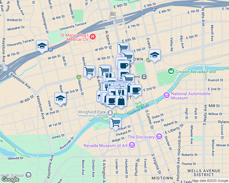 map of restaurants, bars, coffee shops, grocery stores, and more near 130 West 2nd Street in Reno