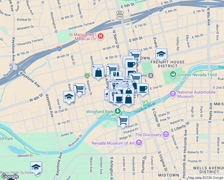 map of restaurants, bars, coffee shops, grocery stores, and more near in Reno