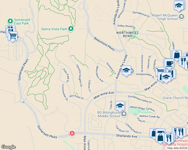 map of restaurants, bars, coffee shops, grocery stores, and more near 1522 Calusa Lane in Reno