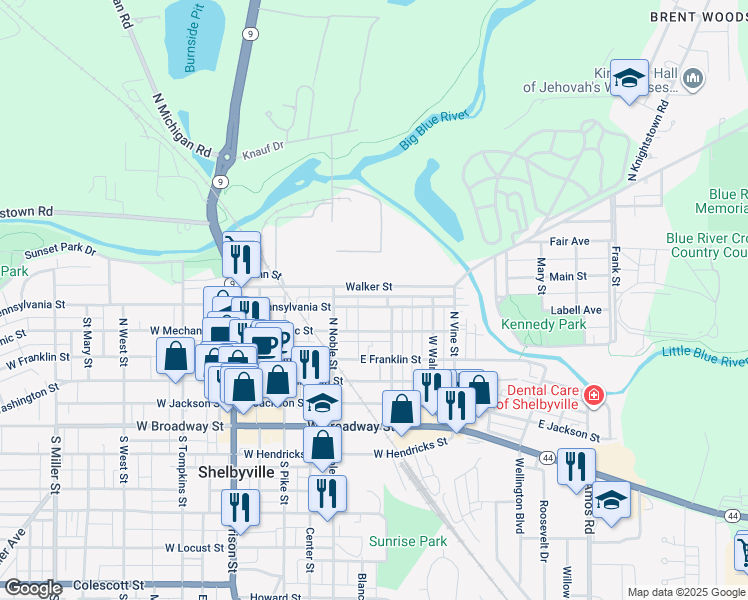 map of restaurants, bars, coffee shops, grocery stores, and more near 233 East Pennsylvania Street in Shelbyville