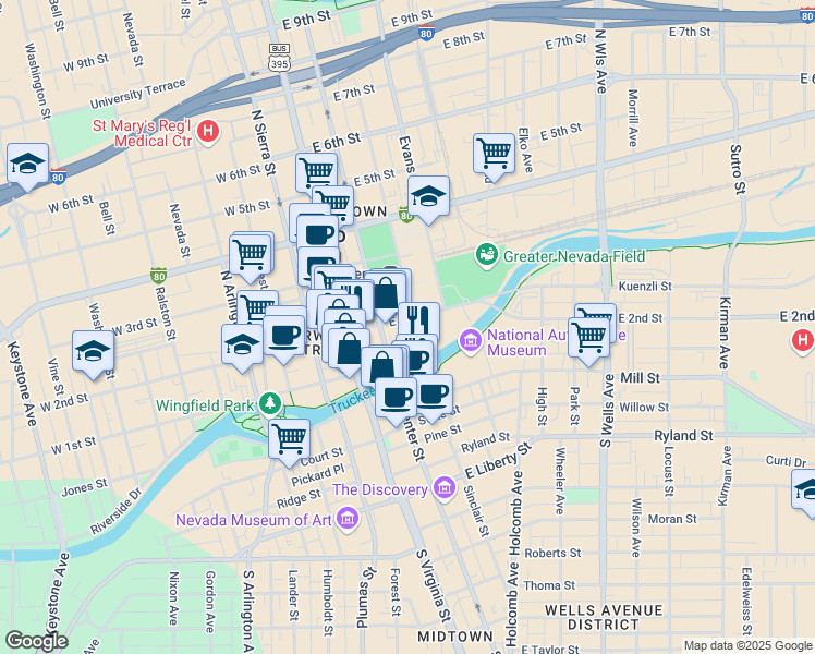 map of restaurants, bars, coffee shops, grocery stores, and more near 195 East 1st Street in Reno