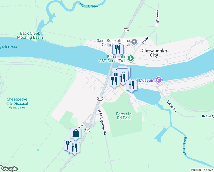 map of restaurants, bars, coffee shops, grocery stores, and more near 228 Charles Street in Chesapeake City