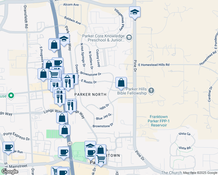 map of restaurants, bars, coffee shops, grocery stores, and more near 11341 Brownstone Drive in Parker