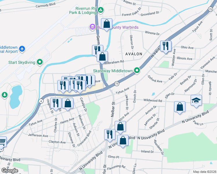 map of restaurants, bars, coffee shops, grocery stores, and more near 1307 Highway 4 in Middletown