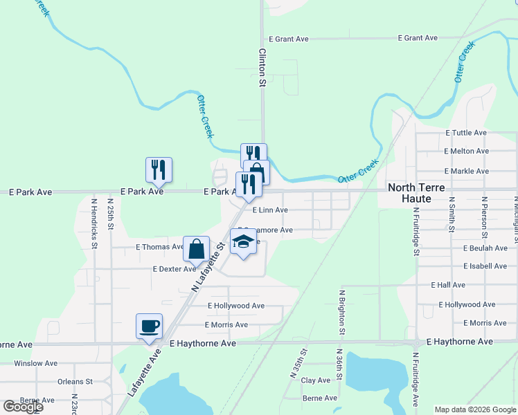map of restaurants, bars, coffee shops, grocery stores, and more near 3000-3198 E Sycamore Ave in North Terre Haute