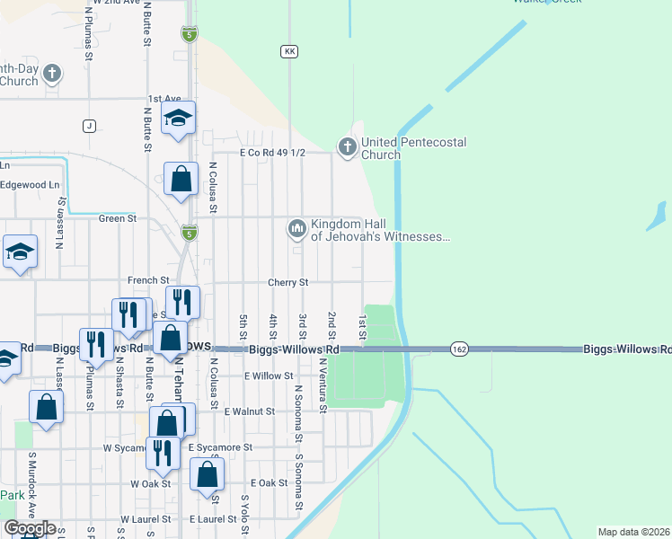 map of restaurants, bars, coffee shops, grocery stores, and more near 514 2nd Street in Willows